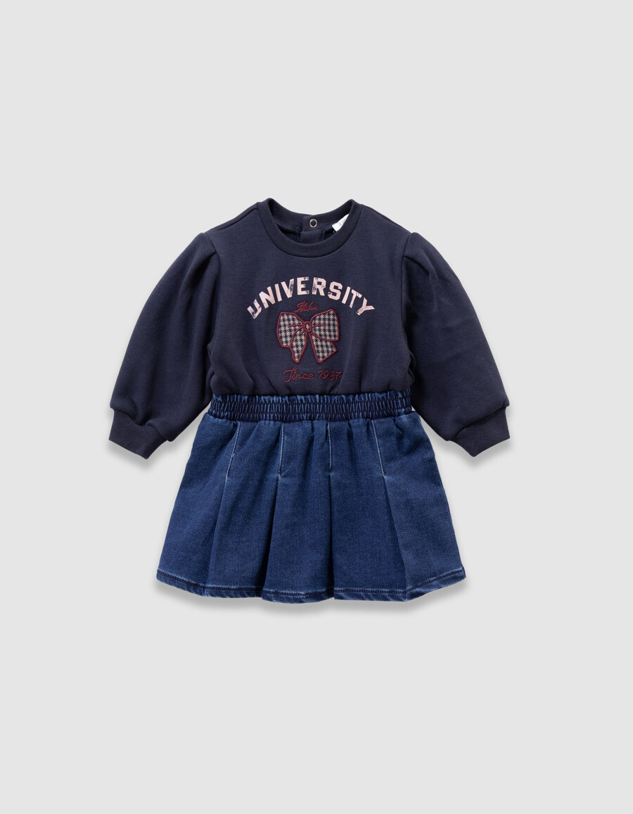 abito in tessuto misto blu navy per bambina con fiocco e ricamo