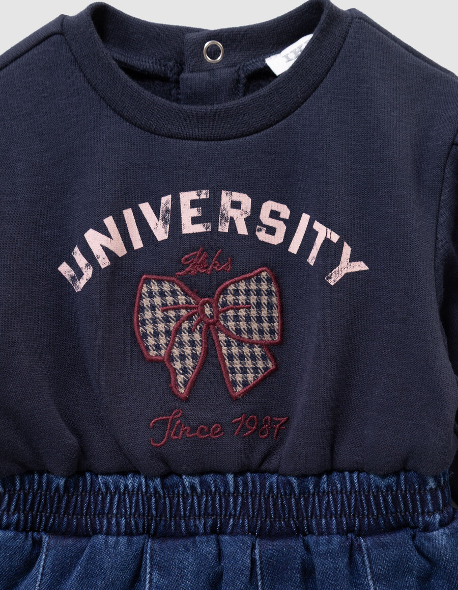 abito in tessuto misto blu navy per bambina con fiocco e ricamo