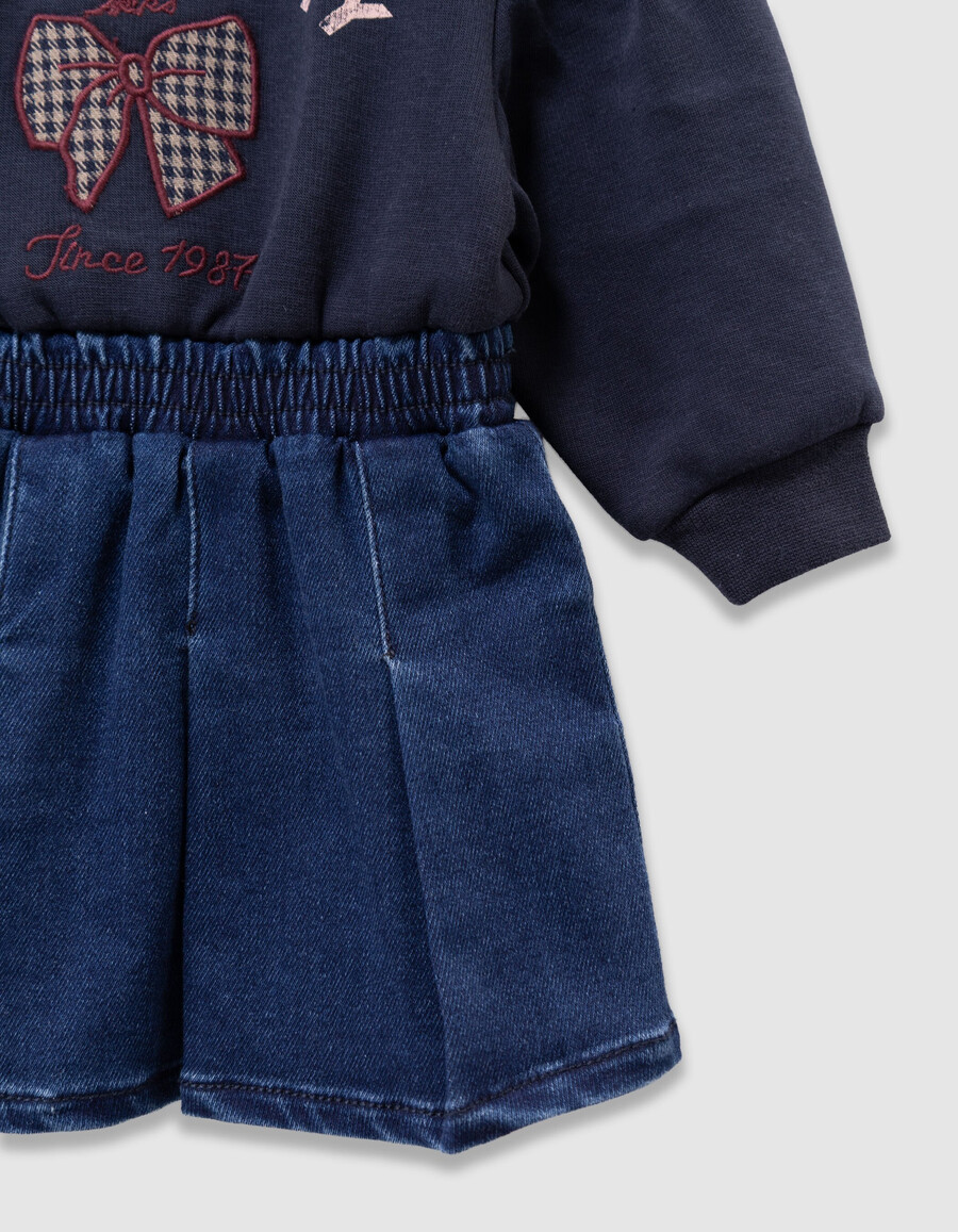 abito in tessuto misto blu navy per bambina con fiocco e ricamo