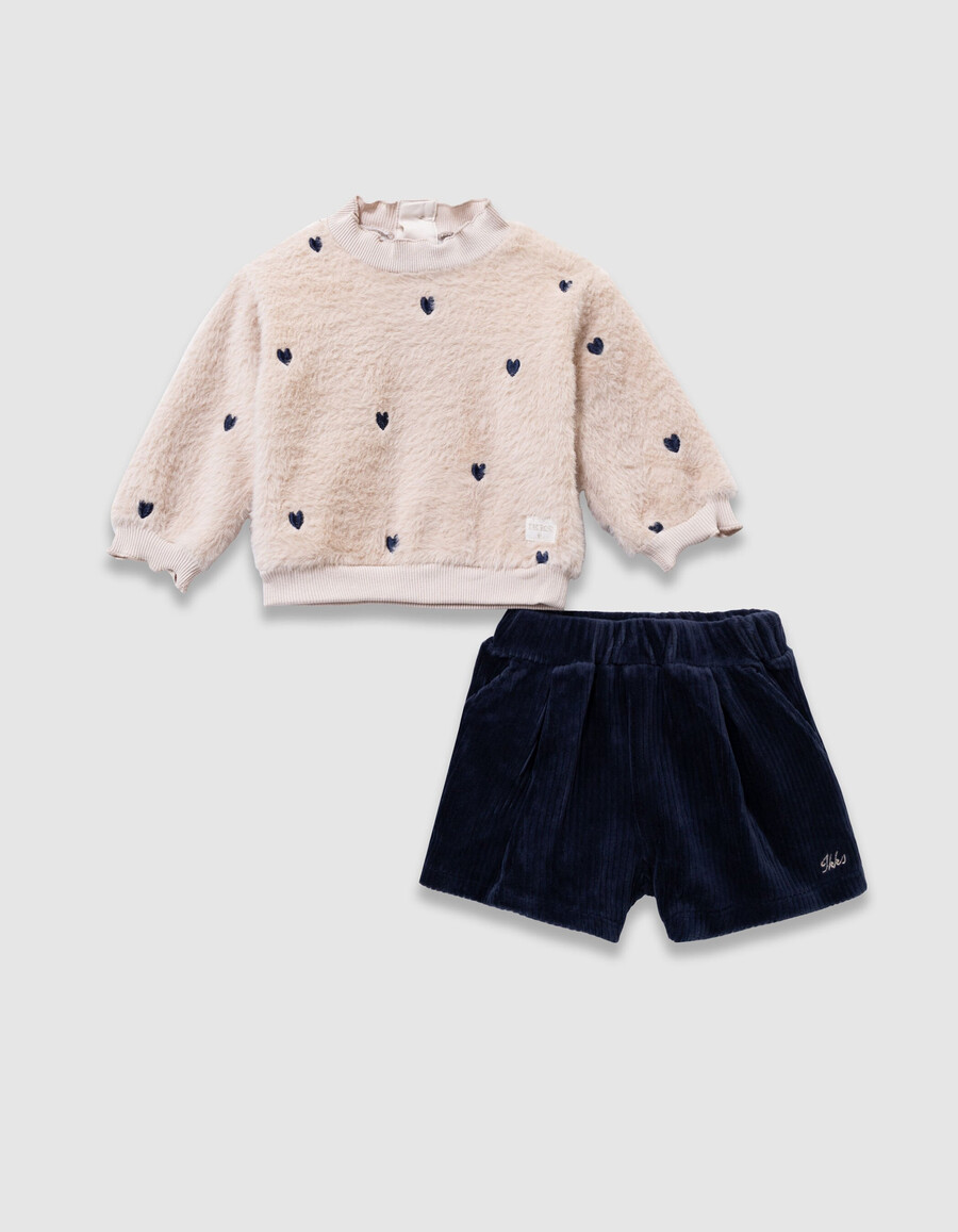completo con felpa beige e pantaloncini di velluto per neonata
