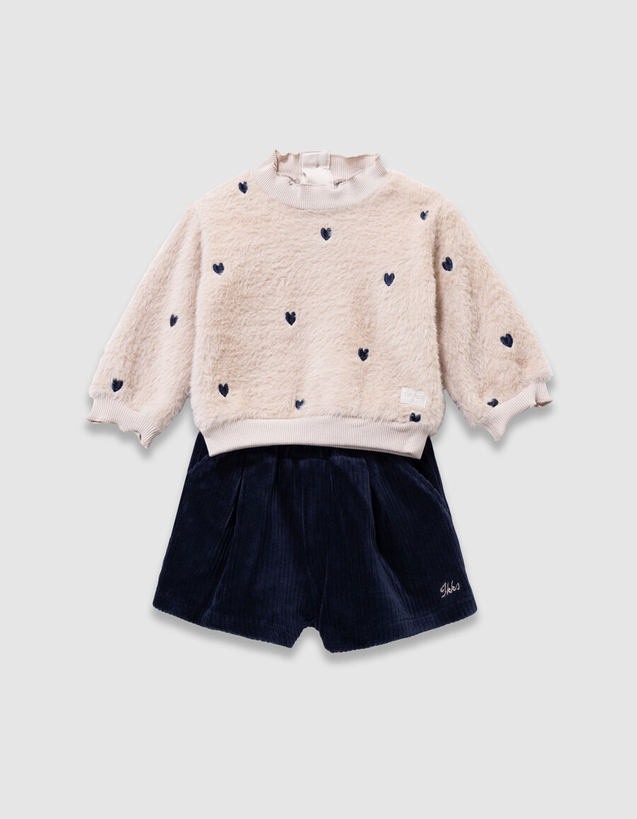 completo con felpa beige e pantaloncini di velluto per neonata