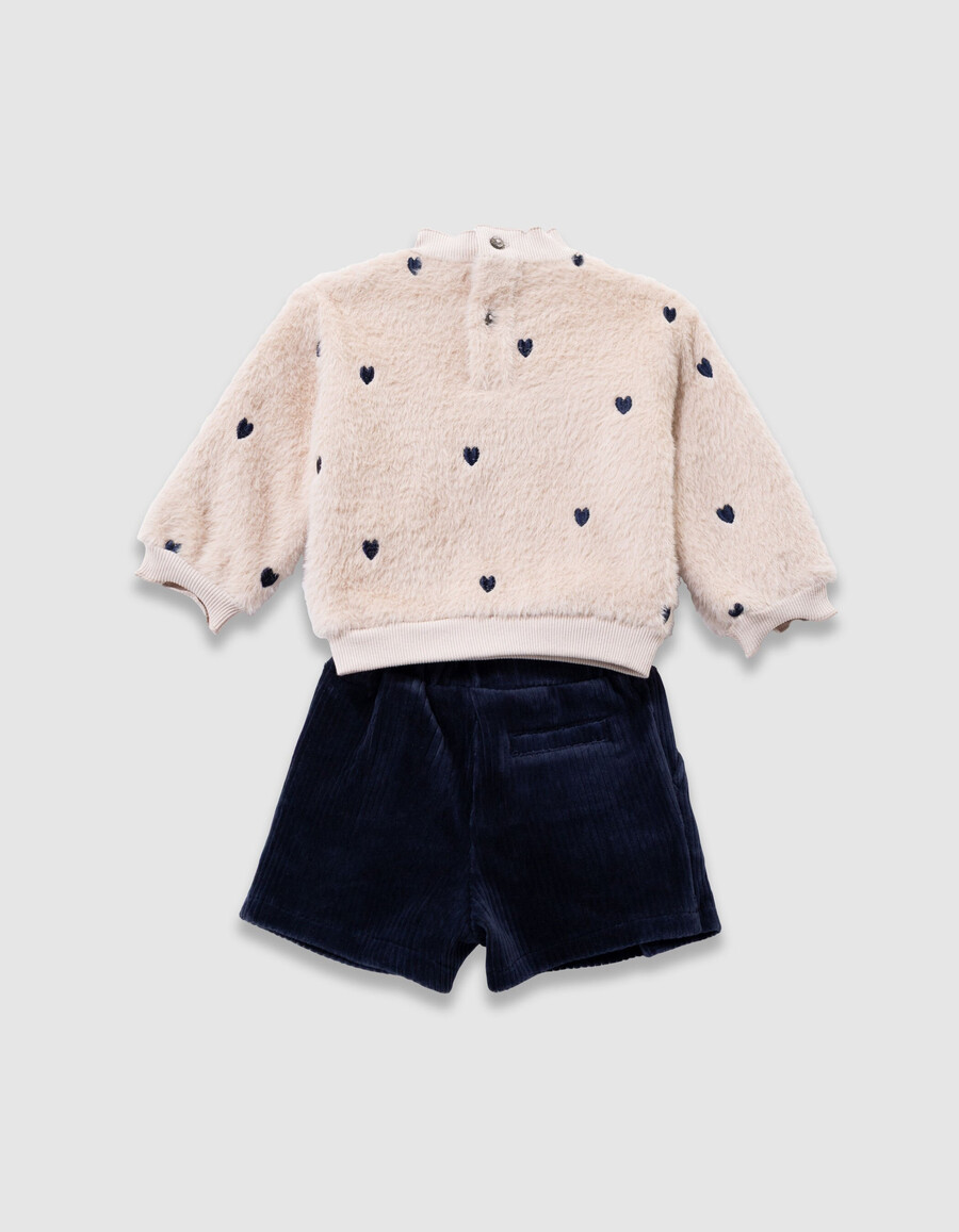completo con felpa beige e pantaloncini di velluto per neonata