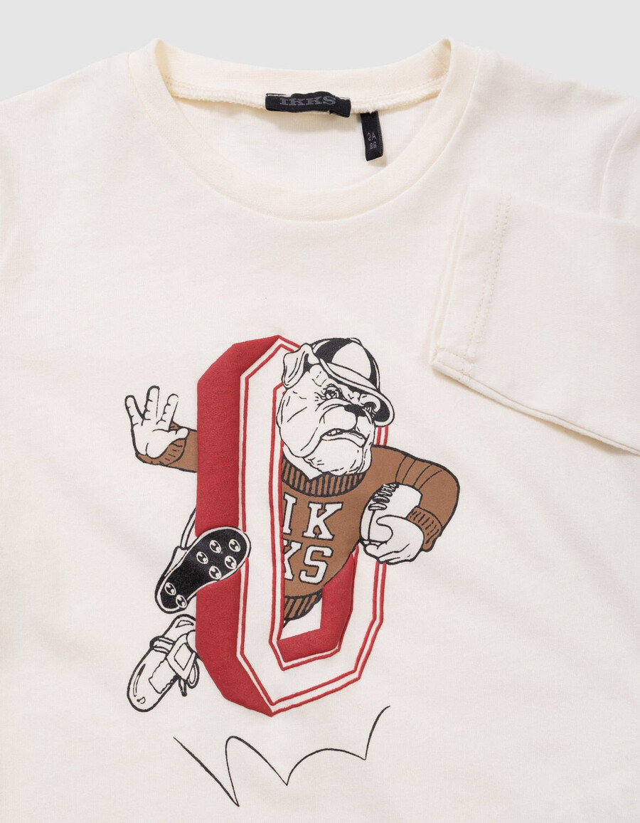 t-shirt da bambino in cotone biologico color écru con motivo rugbyman-cane