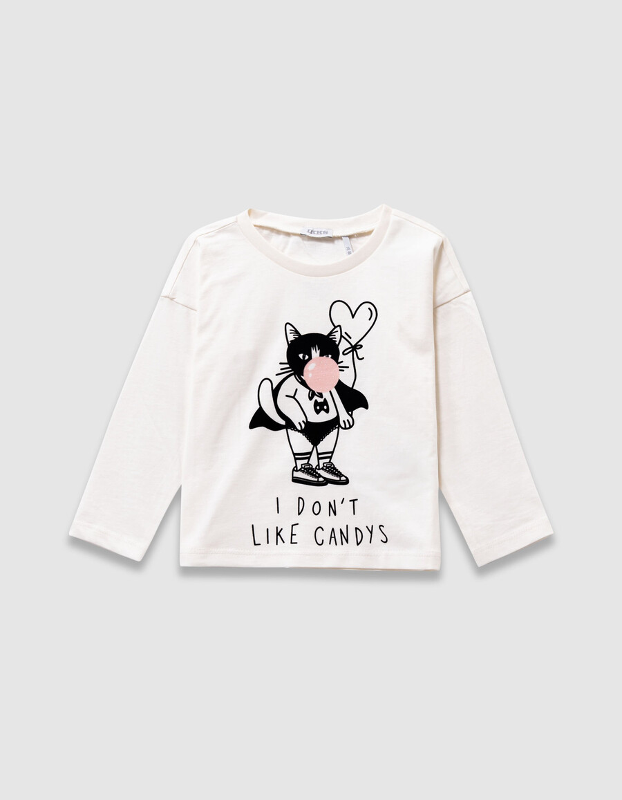 maglietta a maniche lunghe color écru per bambine con super-cat