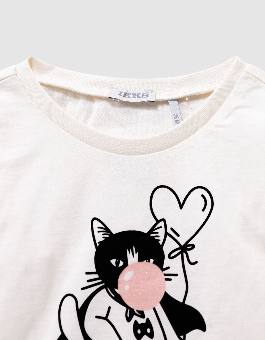 maglietta a maniche lunghe color écru per bambine con super-cat