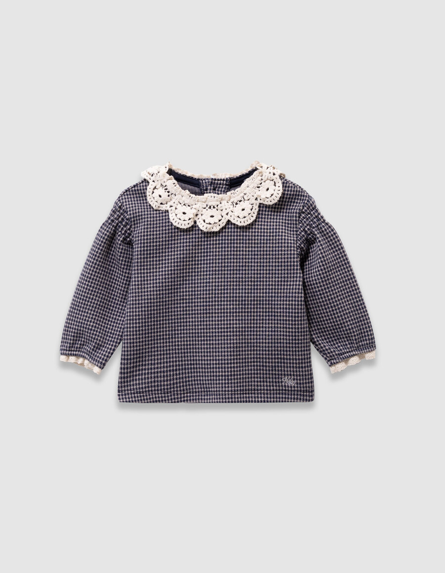 camicetta blu navy con motivo pied de poule e colletto in pizzo per neonata