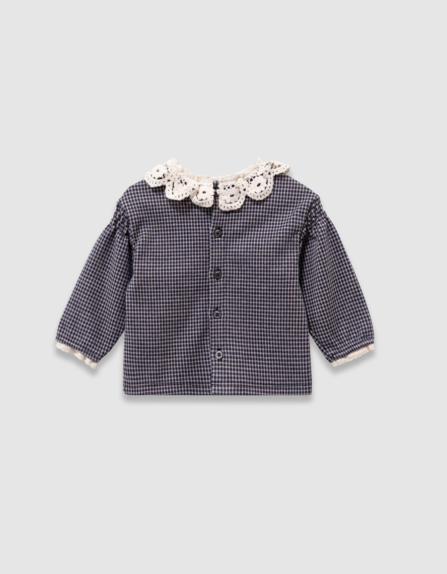 camicetta blu navy con motivo pied de poule e colletto in pizzo per neonata