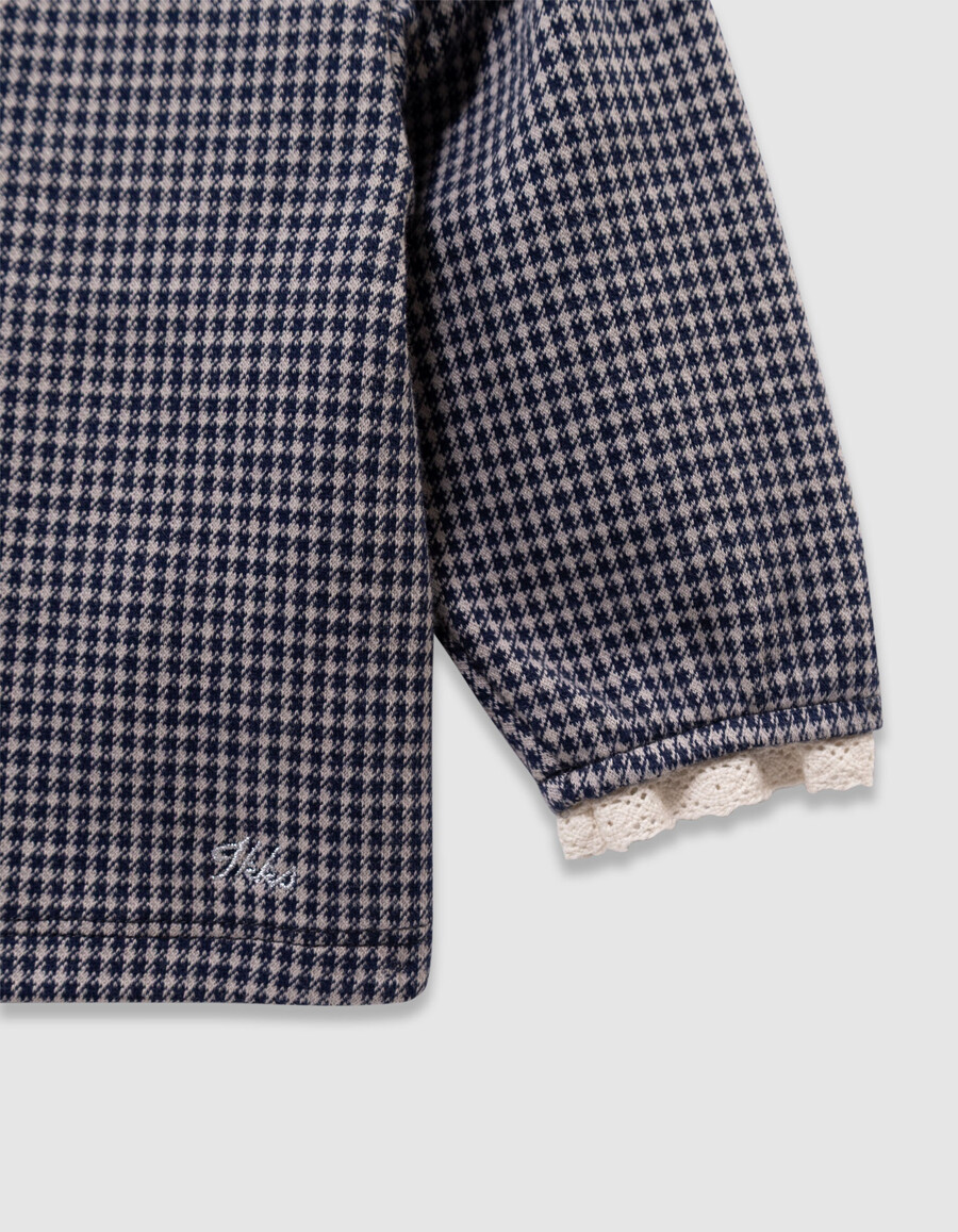 camicetta blu navy con motivo pied de poule e colletto in pizzo per neonata