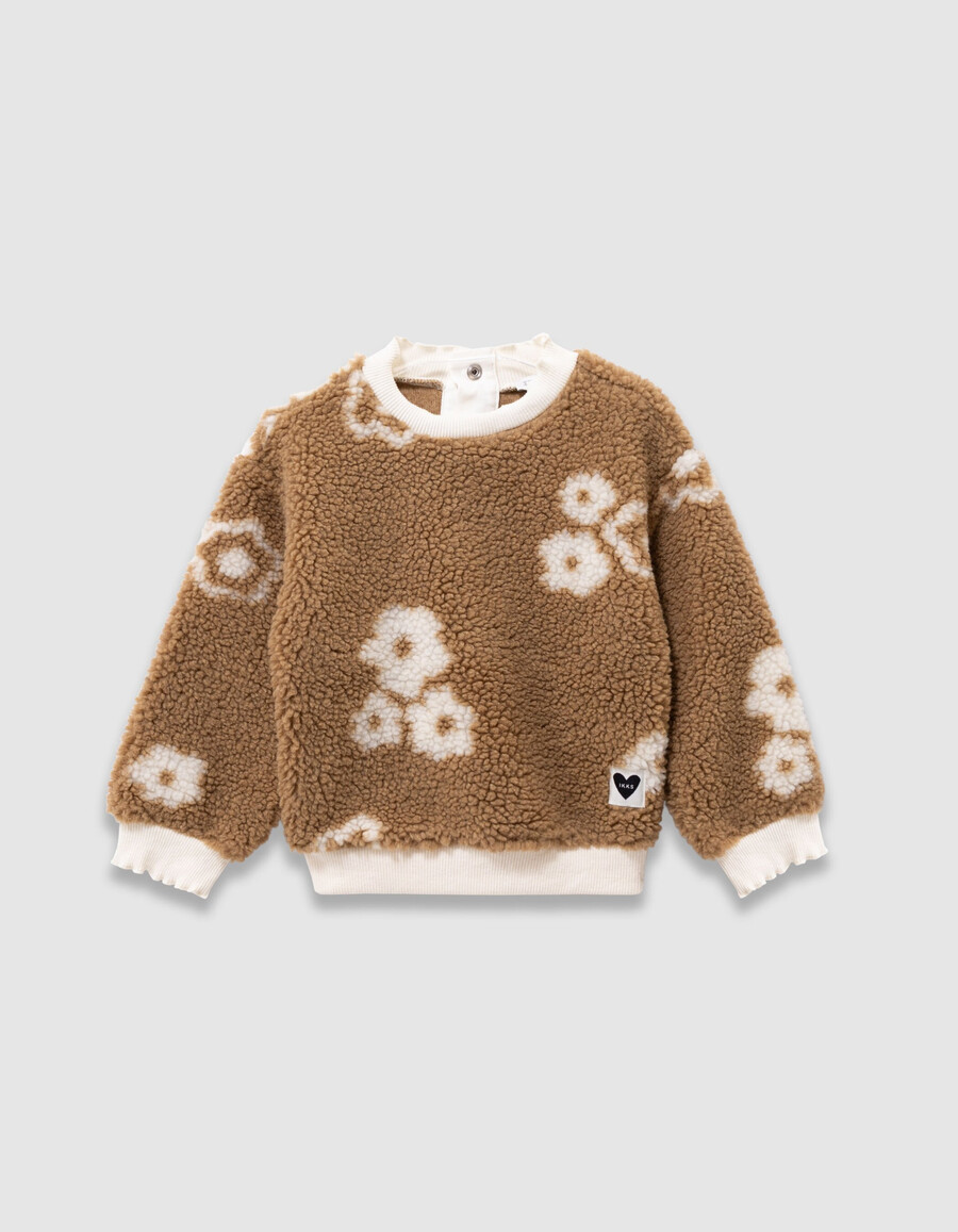 felpa sherpa beige con motivo floreale per bambine
