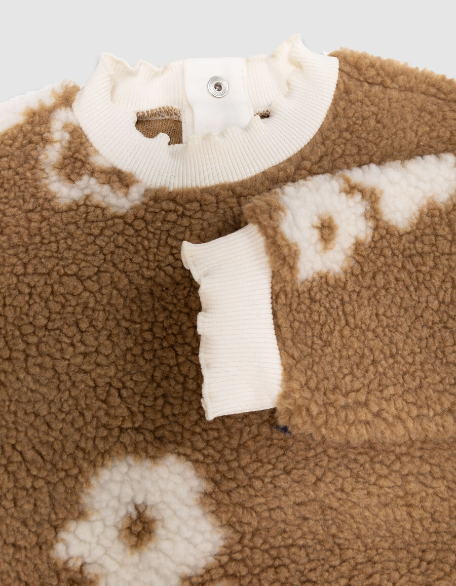 felpa sherpa beige con motivo floreale per bambine