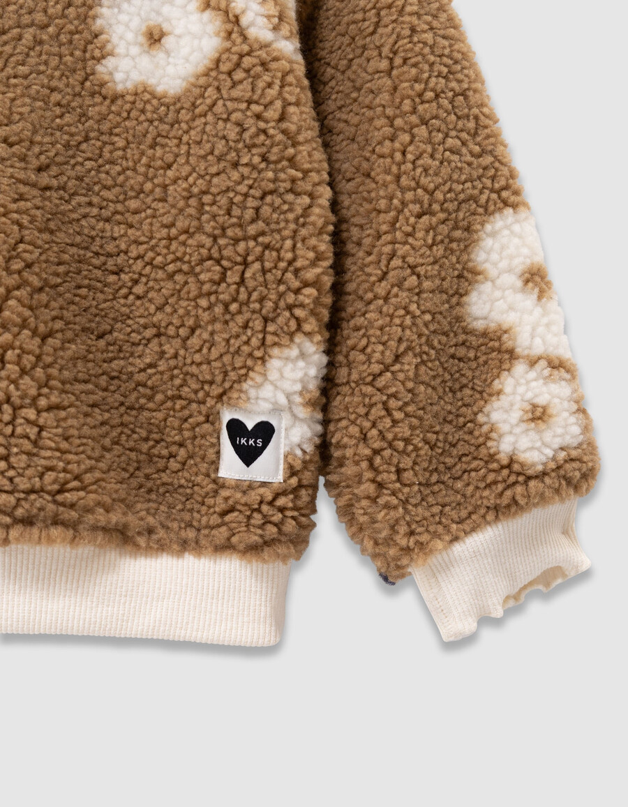 felpa sherpa beige con motivo floreale per bambine