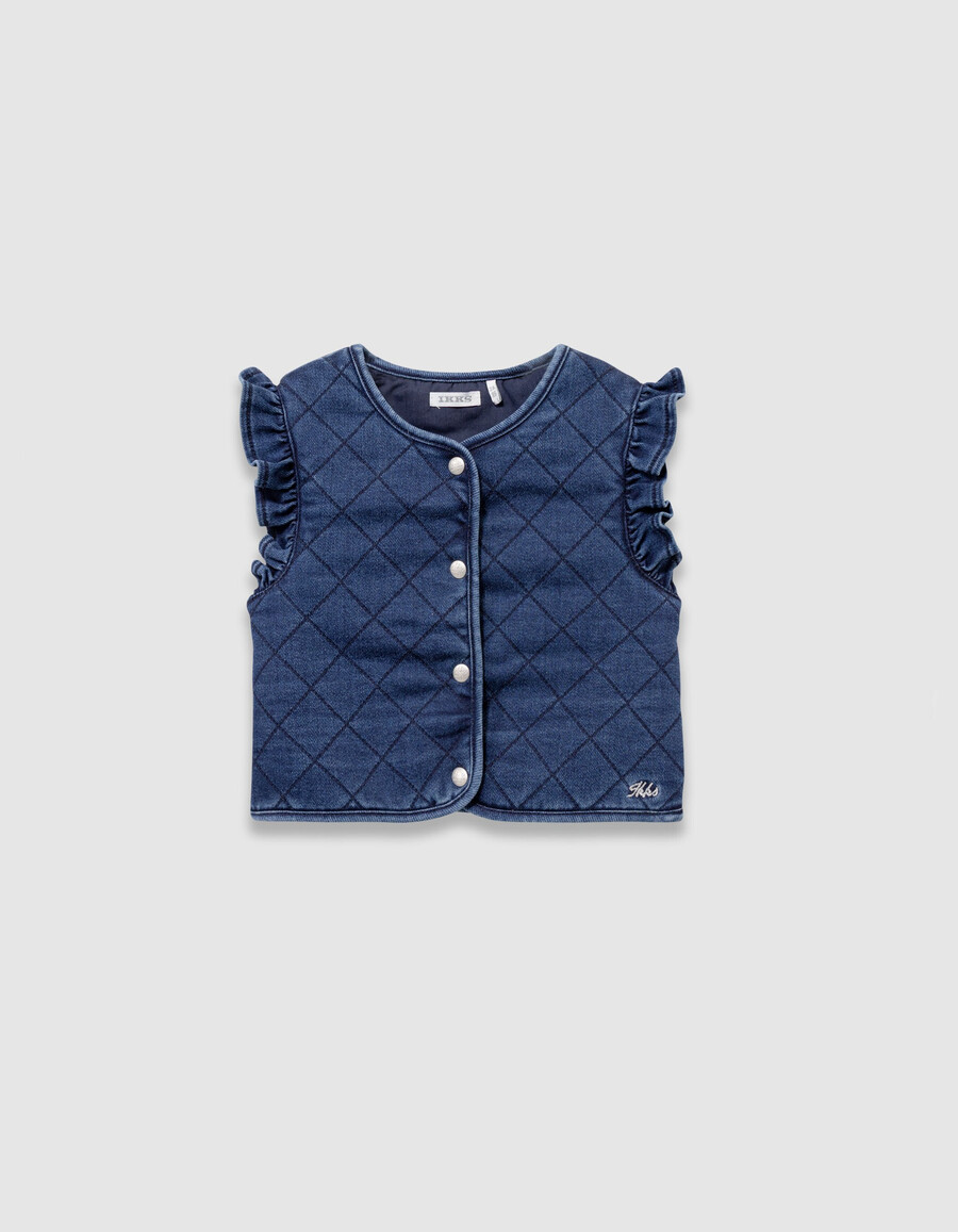 cardigan senza maniche in denim trapuntato blu navy per bambine