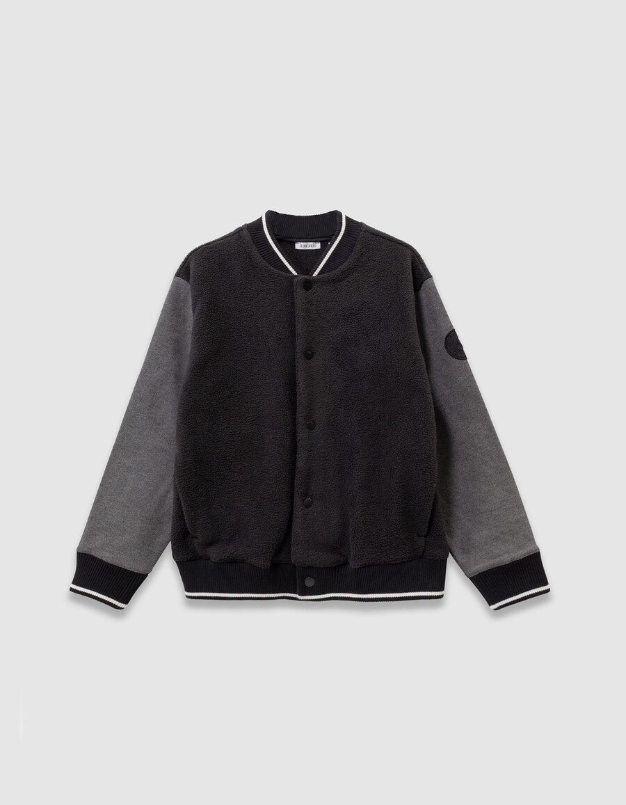cardigan stile college blu navy per ragazzi con maniche in denim grigio