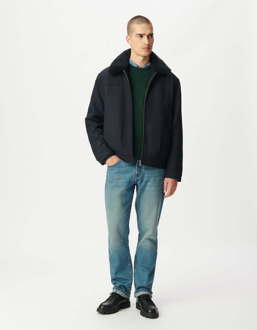 giacca corta da uomo in stile aviatore blu navy con colletto staccabile