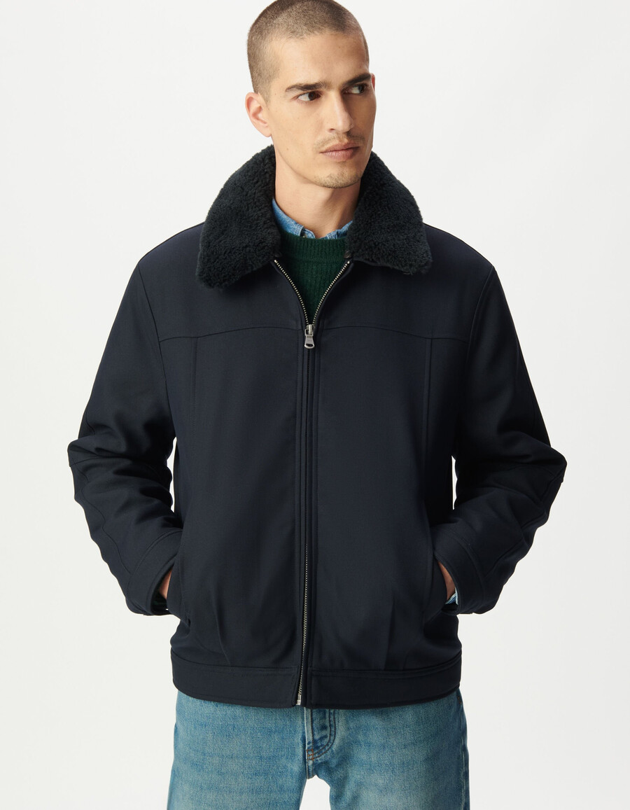 giacca corta da uomo in stile aviatore blu navy con colletto staccabile