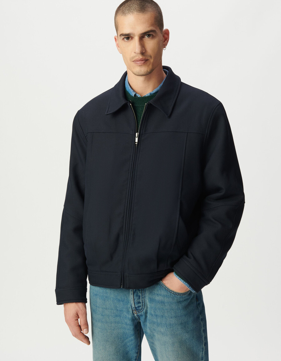 giacca corta da uomo in stile aviatore blu navy con colletto staccabile