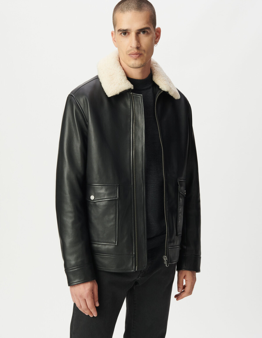 giacca da aviatore in pelle nera da uomo con sherpa staccabile