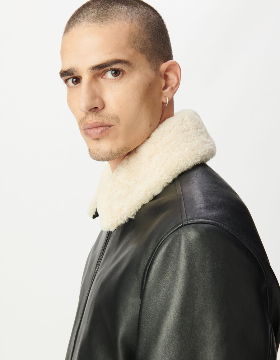 giacca da aviatore in pelle nera da uomo con sherpa staccabile