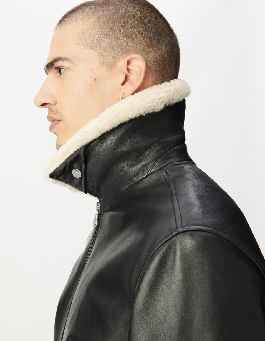 giacca da aviatore in pelle nera da uomo con sherpa staccabile
