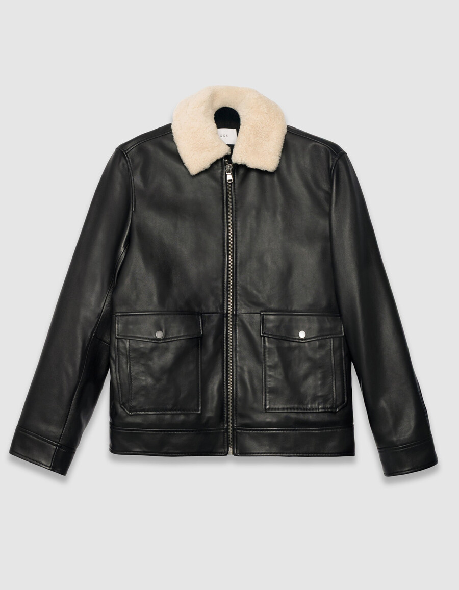 giacca da aviatore in pelle nera da uomo con sherpa staccabile