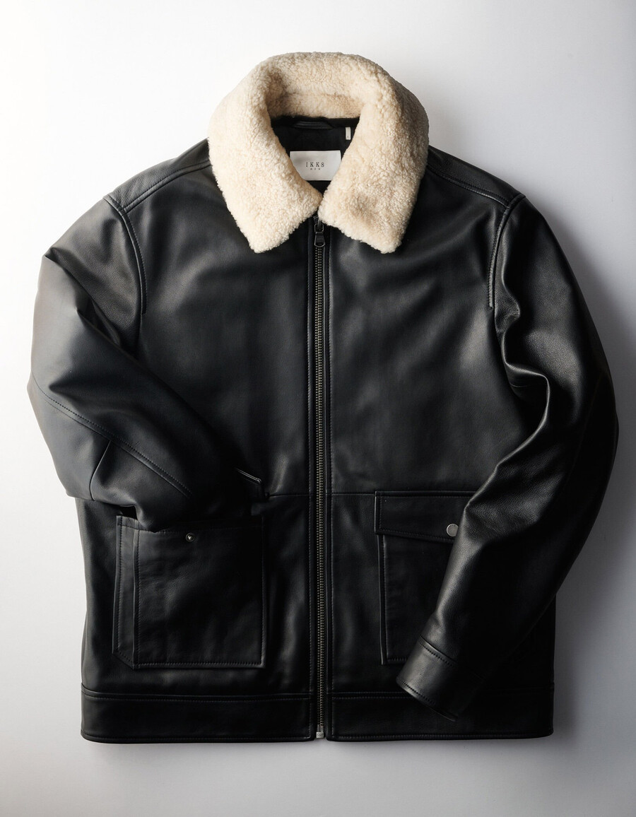 giacca da aviatore in pelle nera da uomo con sherpa staccabile