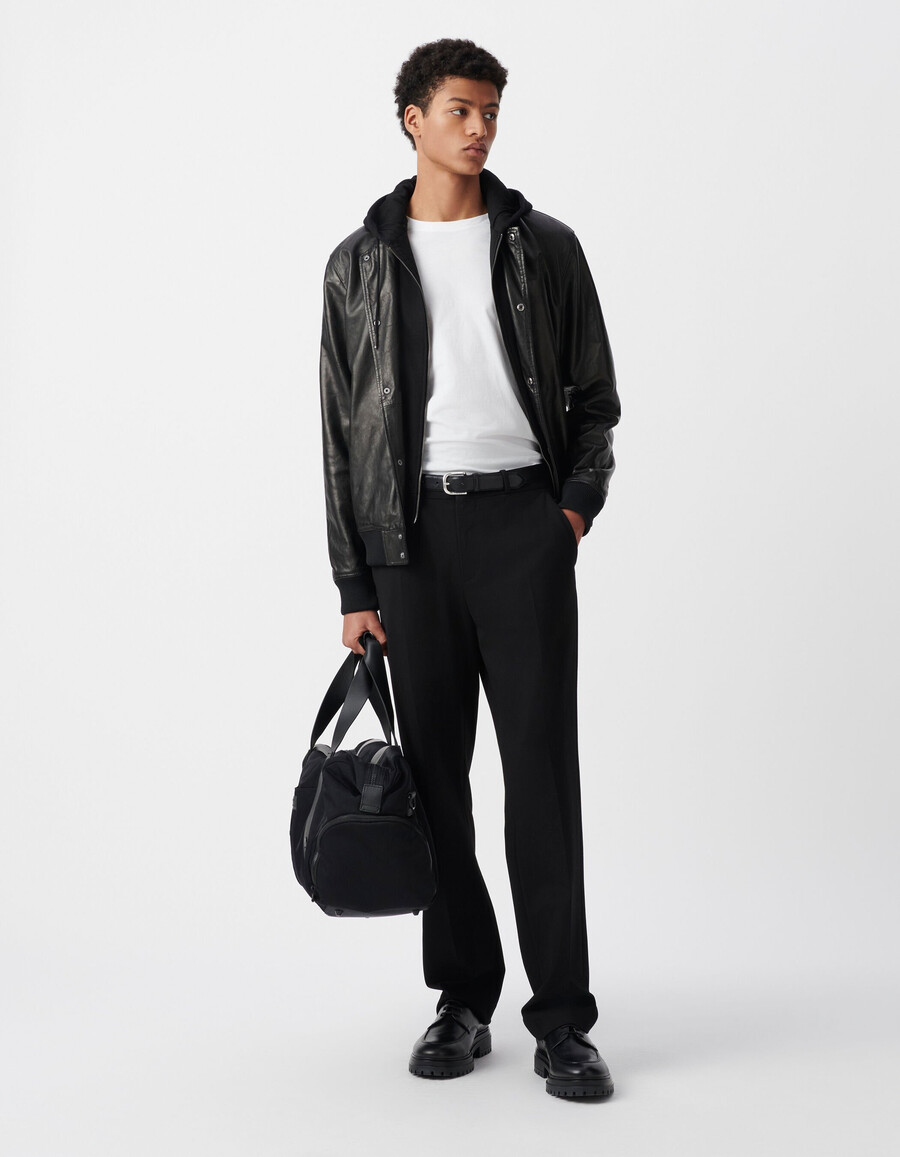 giubbotto bomber in pelle nera da uomo con rivestimento staccabile