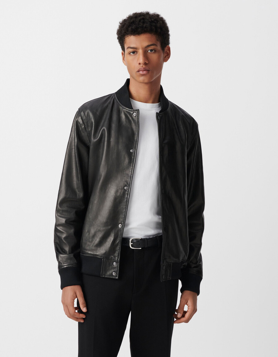 giubbotto bomber in pelle nera da uomo con rivestimento staccabile