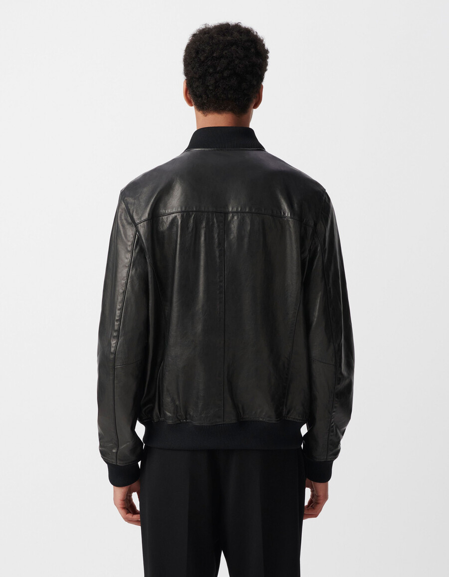 giubbotto bomber in pelle nera da uomo con rivestimento staccabile