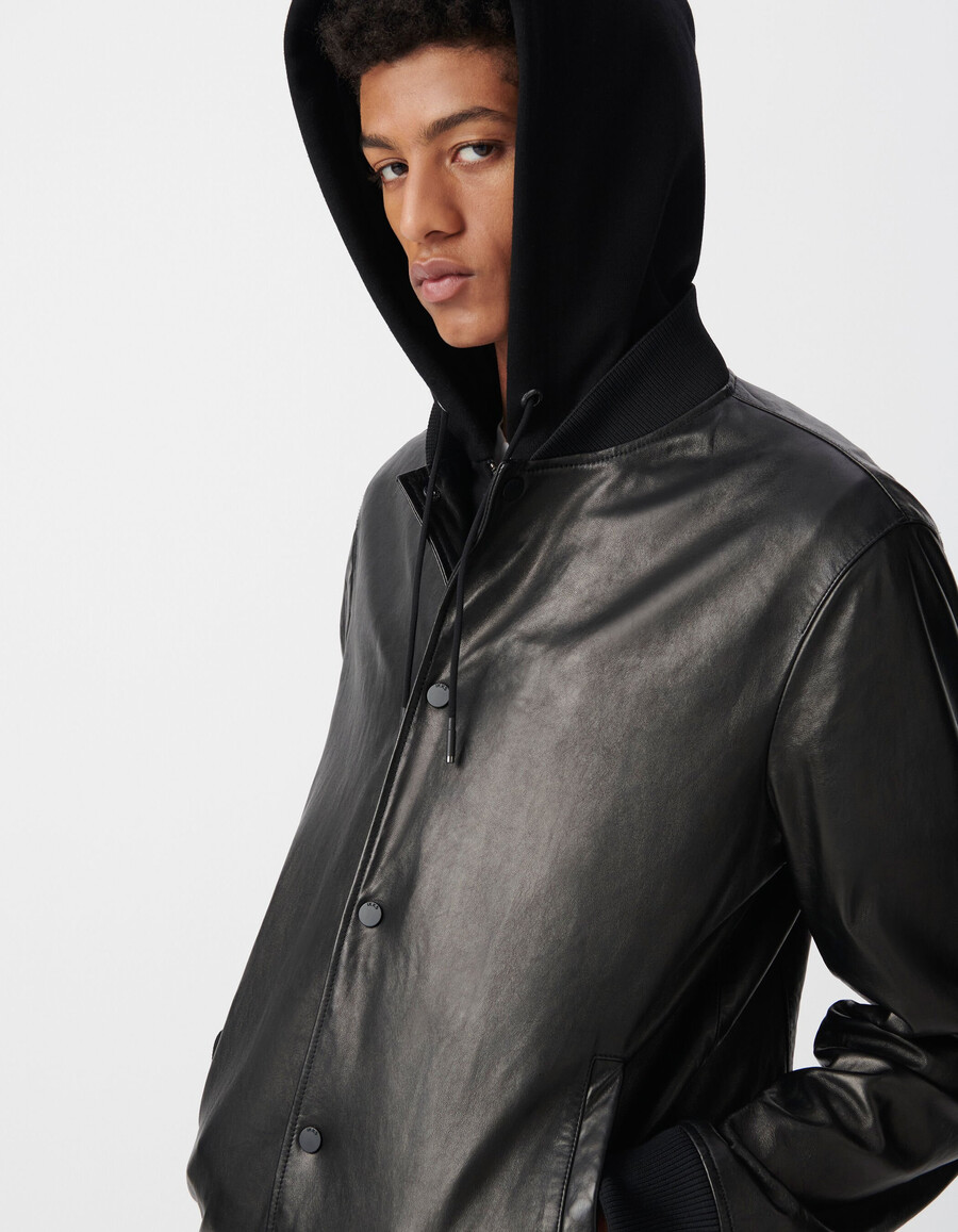 giubbotto bomber in pelle nera da uomo con rivestimento staccabile
