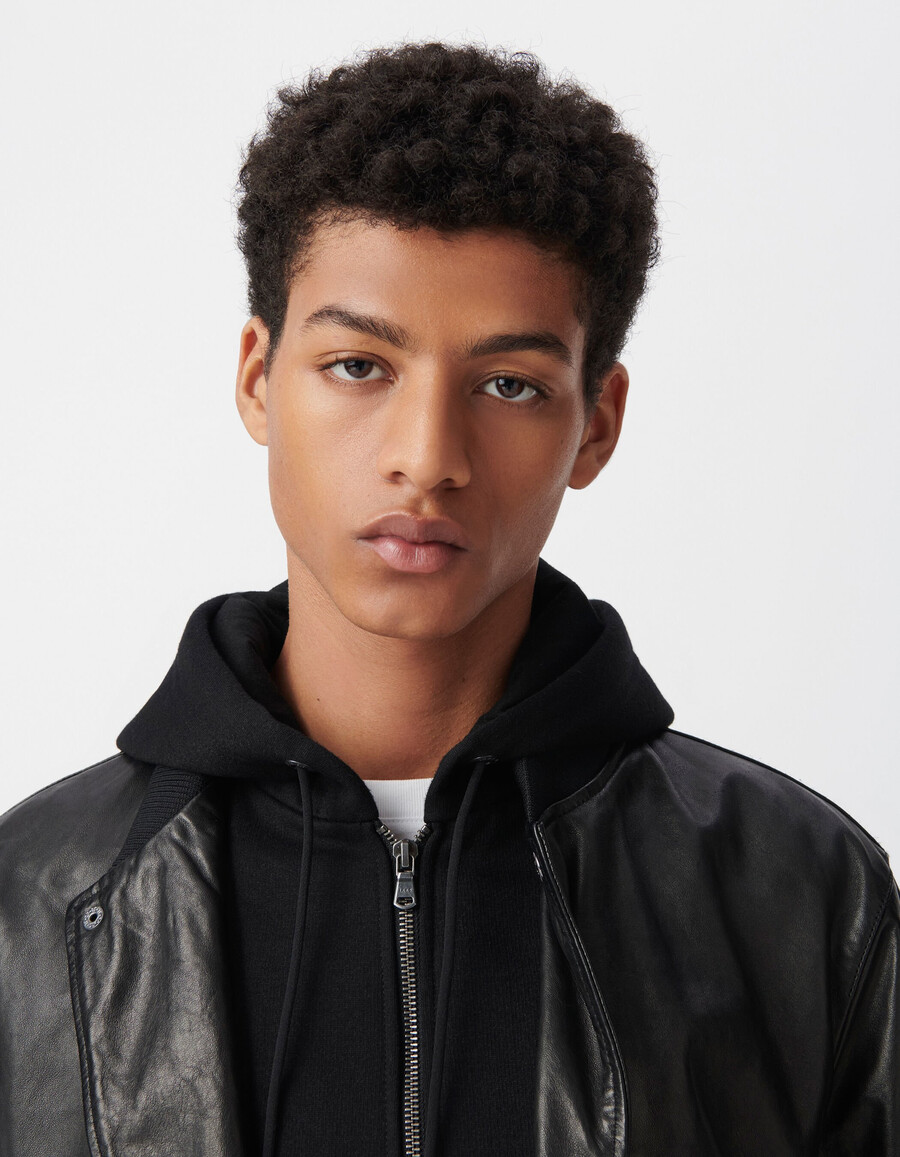 giubbotto bomber in pelle nera da uomo con rivestimento staccabile