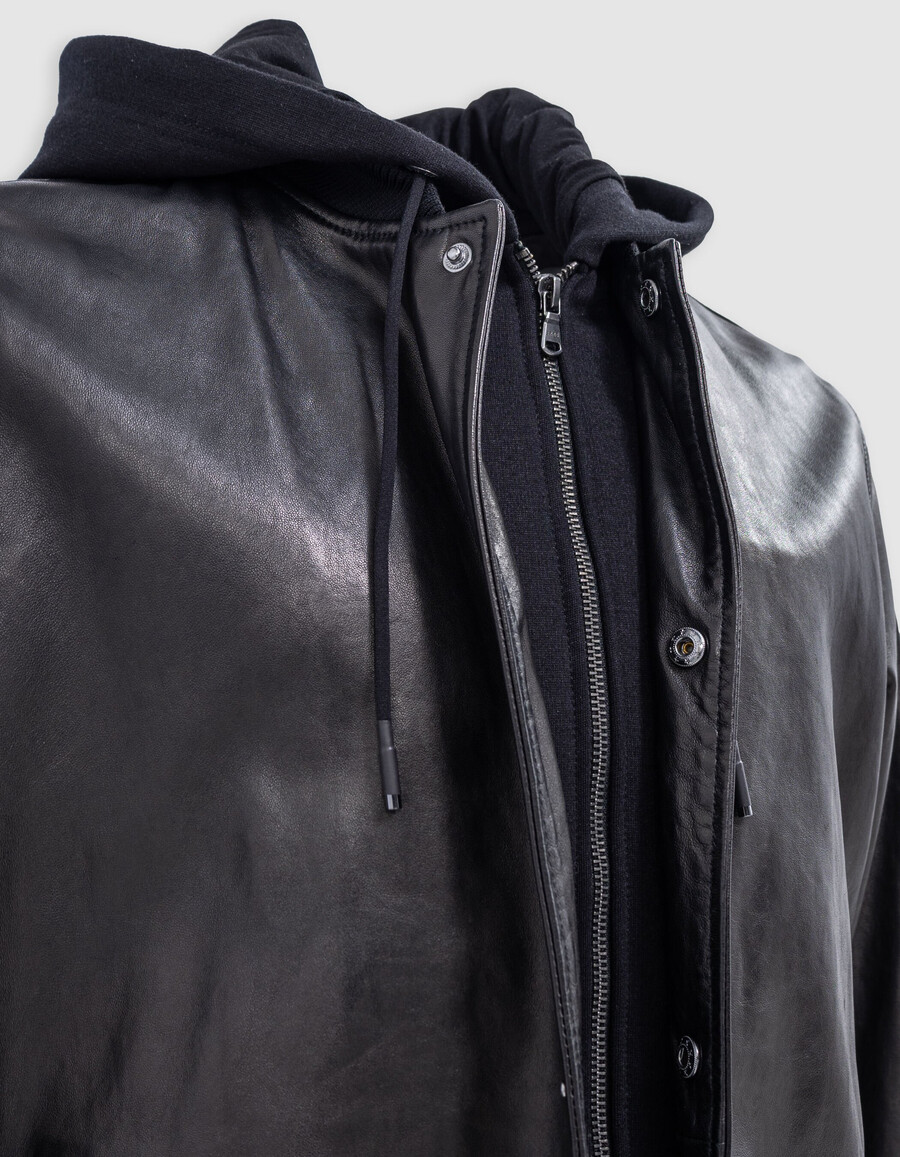 giubbotto bomber in pelle nera da uomo con rivestimento staccabile