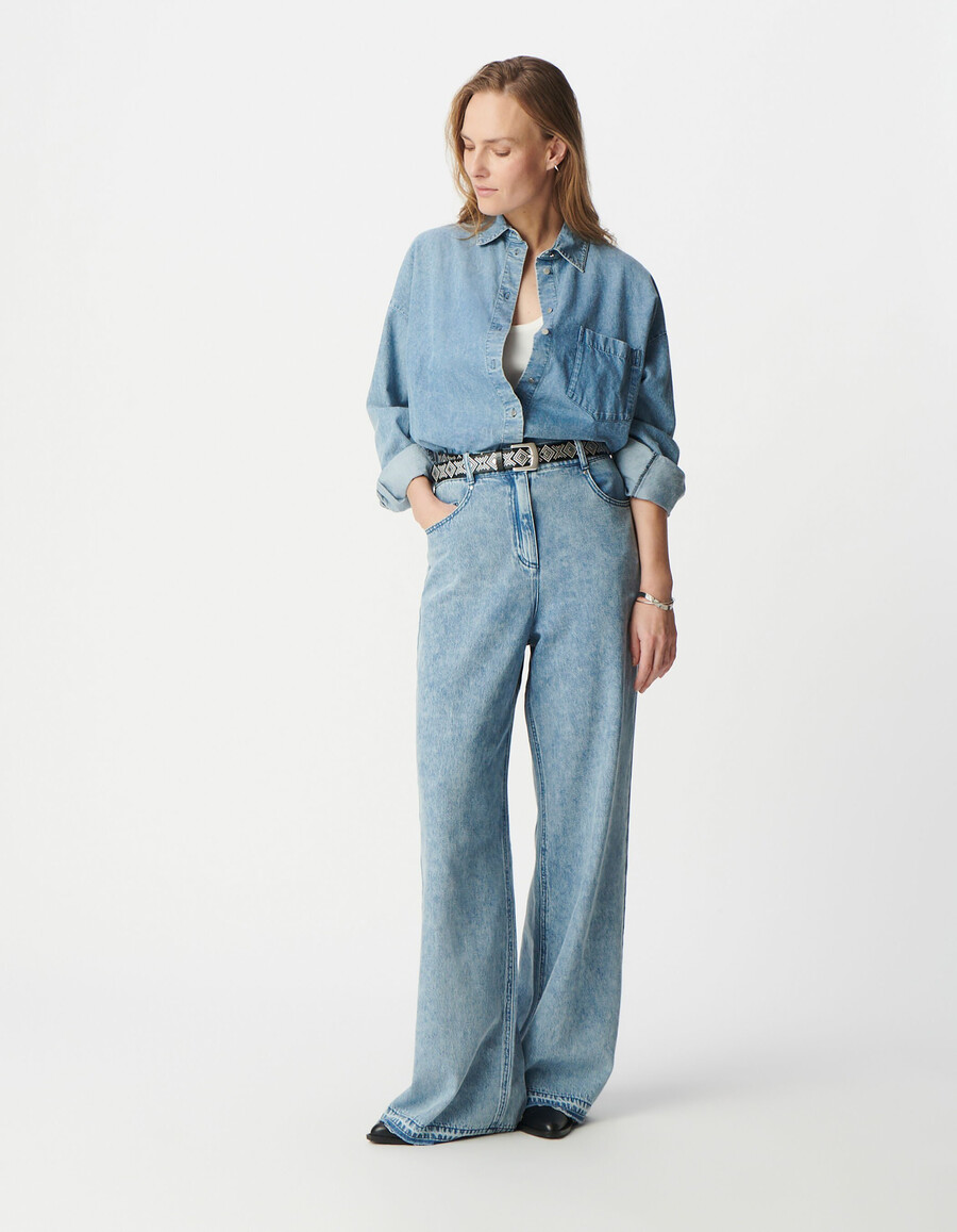 camicia a maniche lunghe in denim blu da donna in cotone biologico