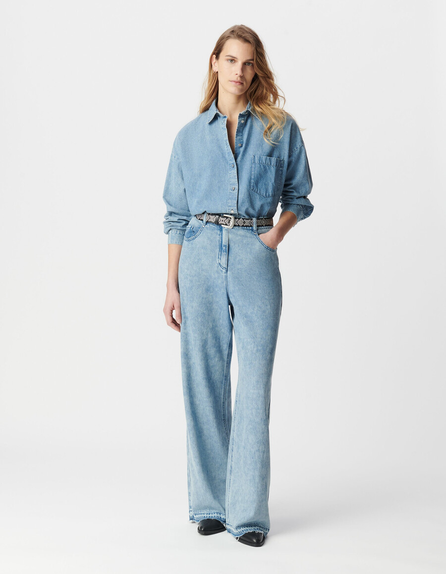 camicia a maniche lunghe in denim blu da donna in cotone biologico