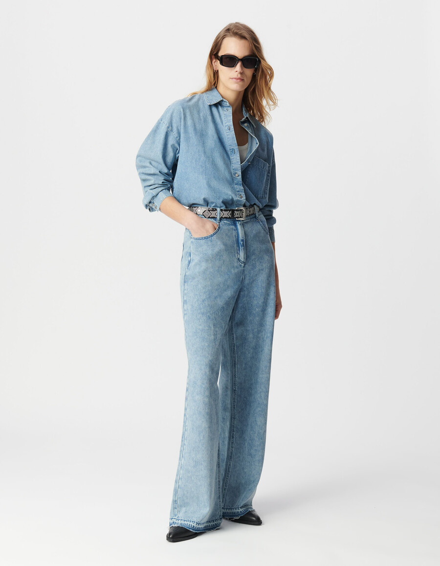 camicia a maniche lunghe in denim blu da donna in cotone biologico