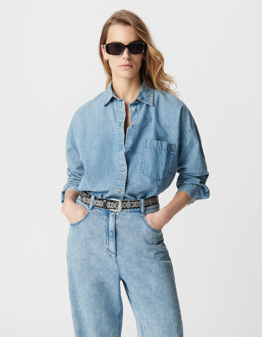 camicia a maniche lunghe in denim blu da donna in cotone biologico