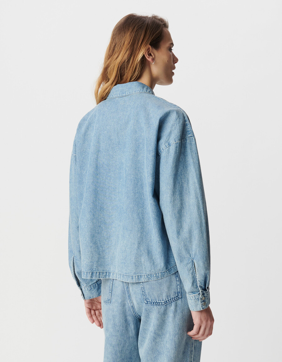 camicia a maniche lunghe in denim blu da donna in cotone biologico
