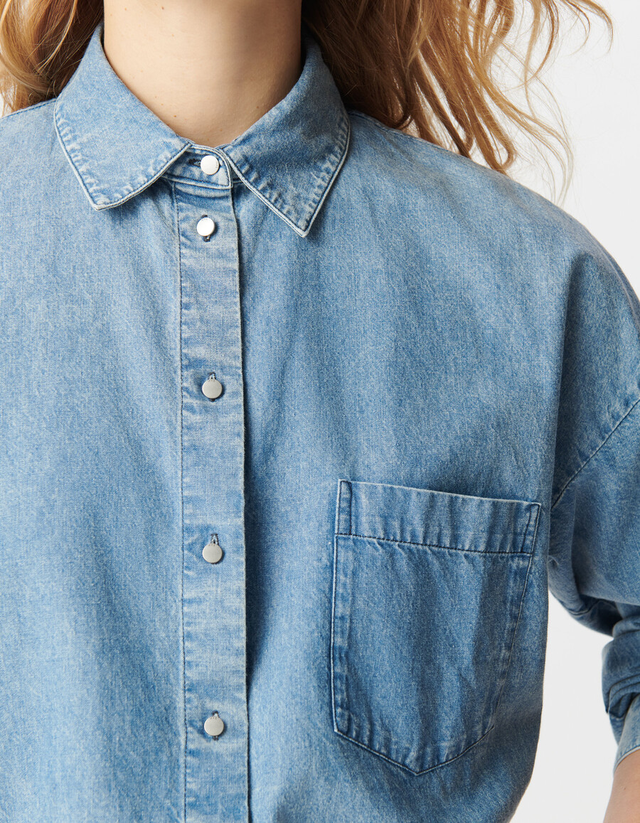 camicia a maniche lunghe in denim blu da donna in cotone biologico
