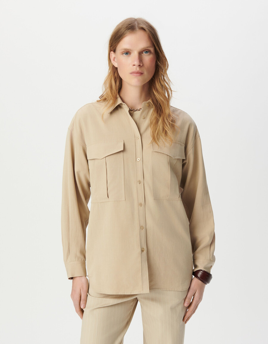 camicia oversize beige da donna con tasche xl