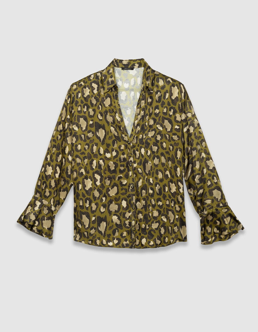 camicia da donna a maniche lunghe color cachi stampa leopardata tachist