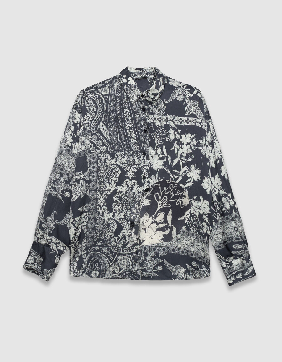 camicia da donna in raso grigio-blu con stampa a sciarpa