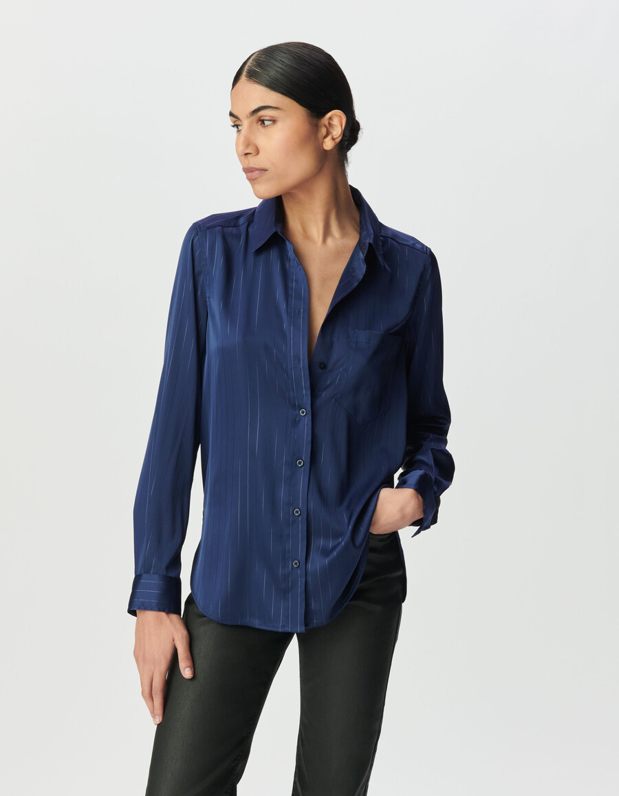 camicia fluida a righe blu navy da donna