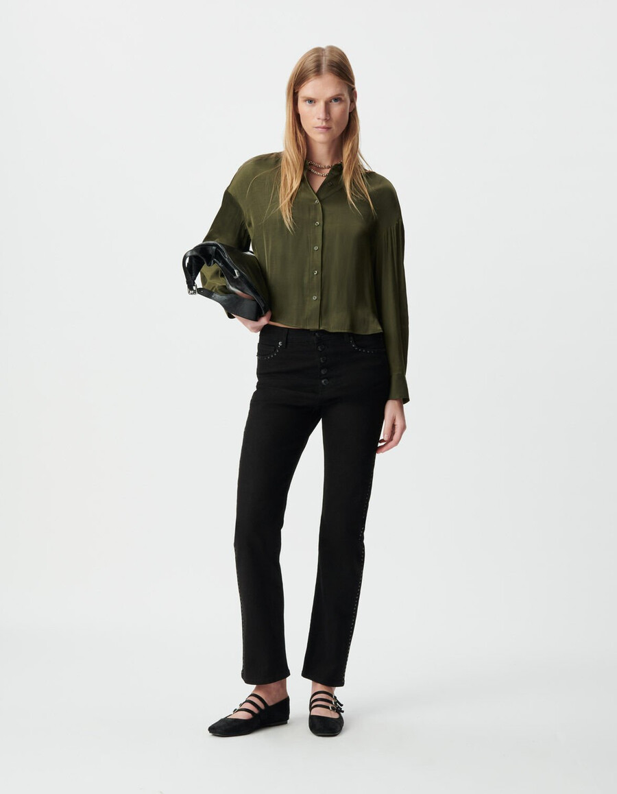 camicia corta fluida a maniche lunghe color cachi da donna