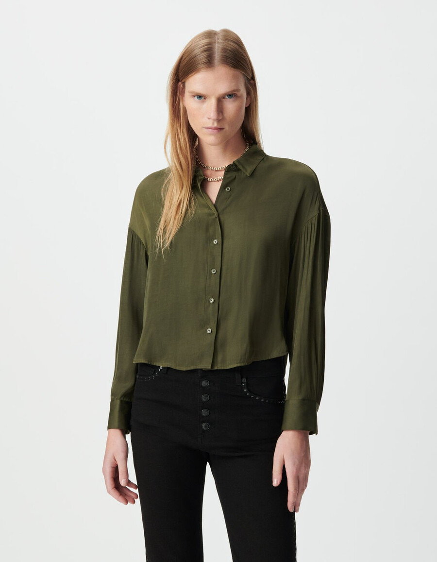 camicia corta fluida a maniche lunghe color cachi da donna