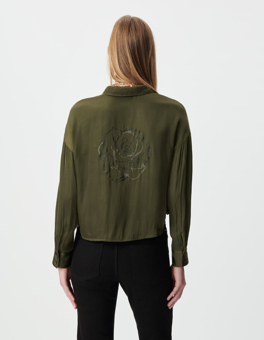 camicia corta fluida a maniche lunghe color cachi da donna