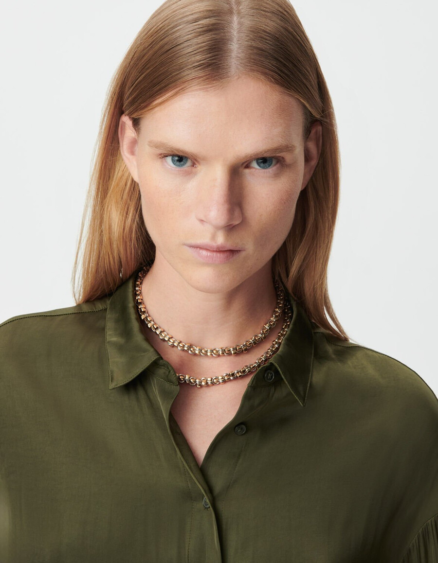 camicia corta fluida a maniche lunghe color cachi da donna