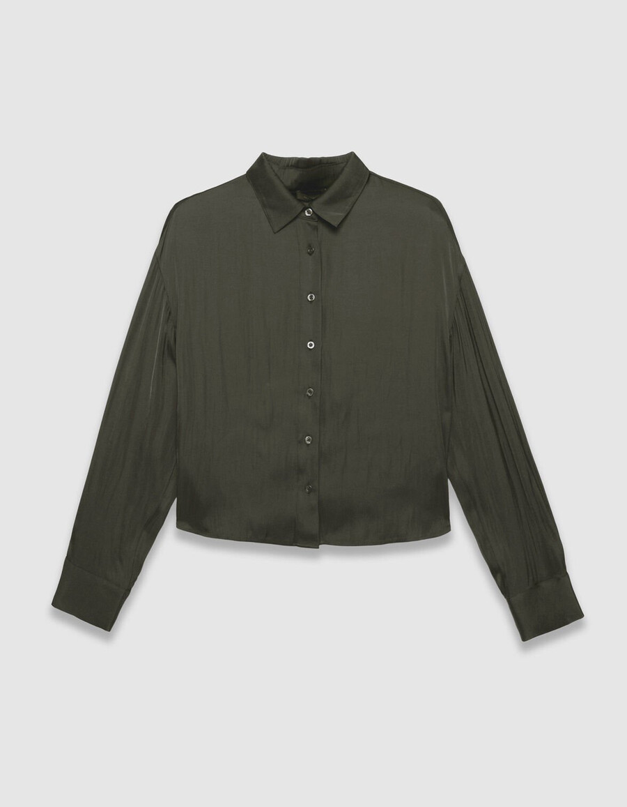camicia corta fluida a maniche lunghe color cachi da donna