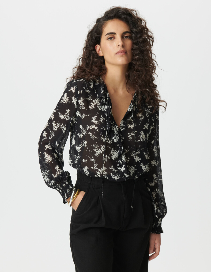 camicia da donna in voile nero con stampa di fiori selvatici