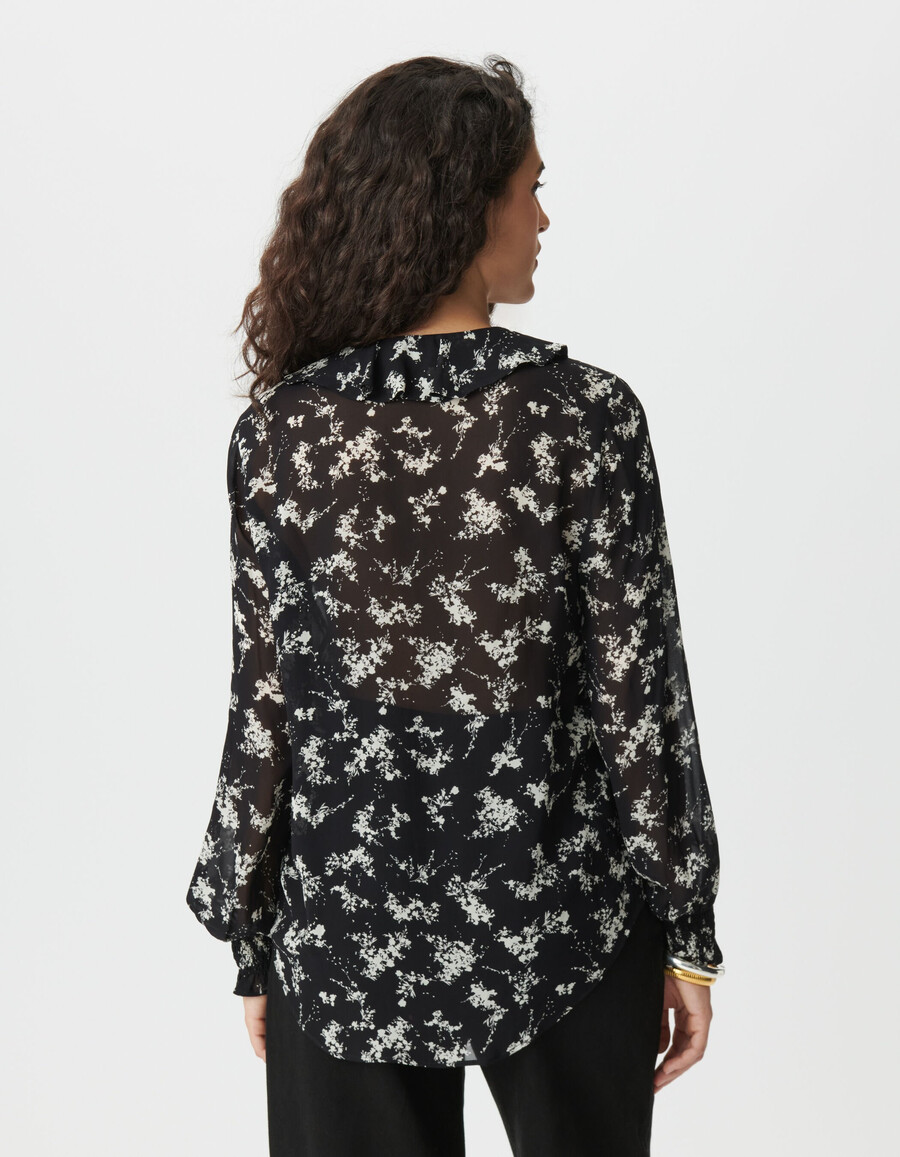 camicia da donna in voile nero con stampa di fiori selvatici