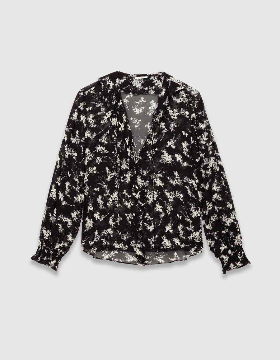 camicia da donna in voile nero con stampa di fiori selvatici