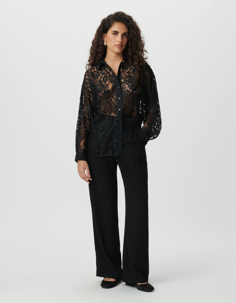 camicia oversize a maniche lunghe in pizzo nero da donna